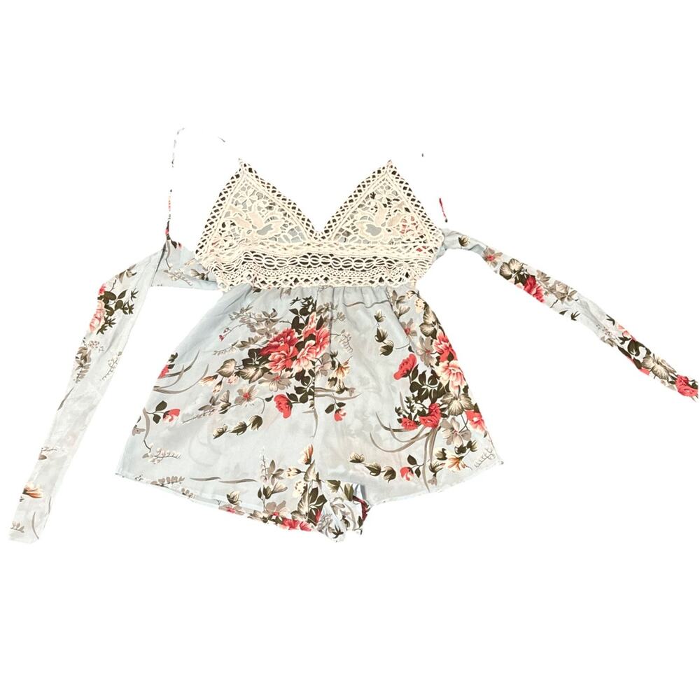 In the Beginning Rose Floral Lined Halter Romper With Lace Trim Sz M NWOT